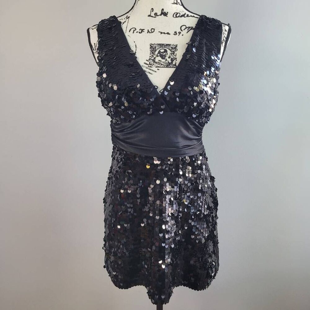 Vintage Y2K forever 21 medium‎ black babydoll mini dress all over sequin glam